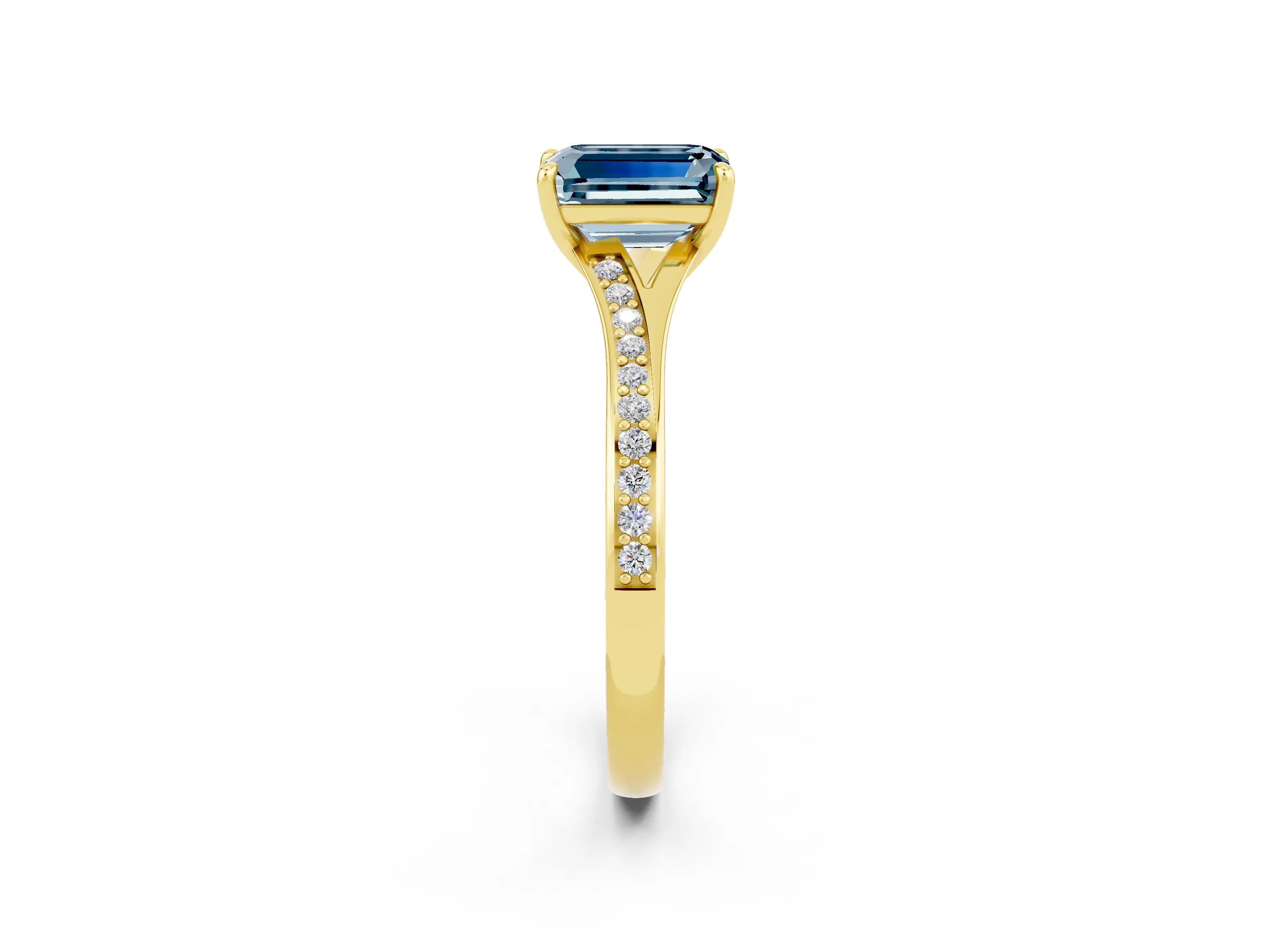Yellow gold Emerald Cut Aquamarine Solitaire Ring with Pavé Band and Prong Setting_2