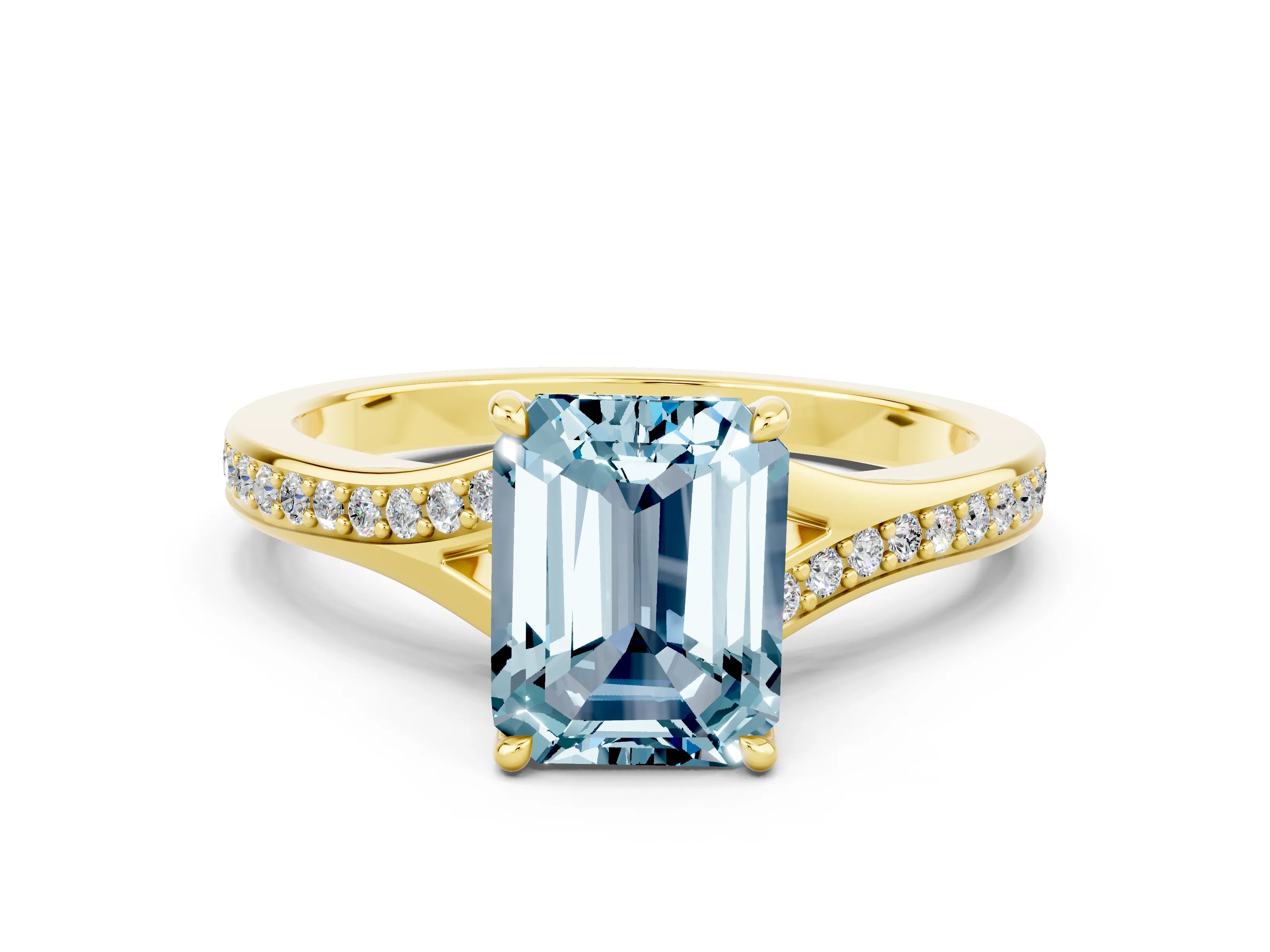 Yellow gold Emerald Cut Aquamarine Solitaire Ring with Pavé Band and Prong Setting_24