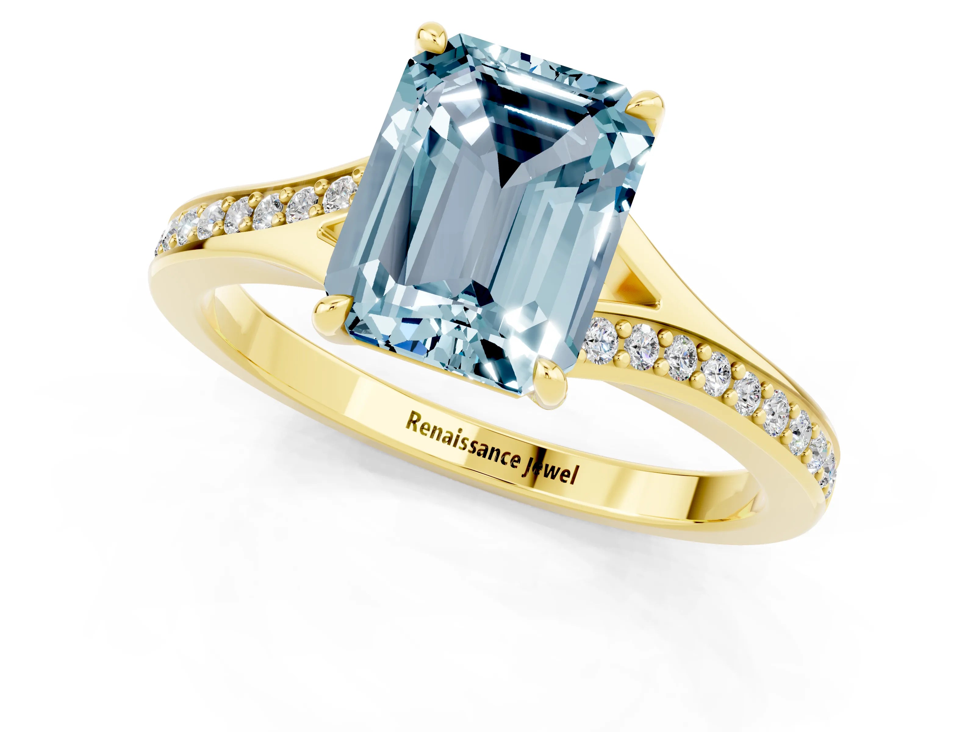 Yellow gold Emerald Cut Aquamarine Solitaire Ring with Pavé Band and Prong Setting_25