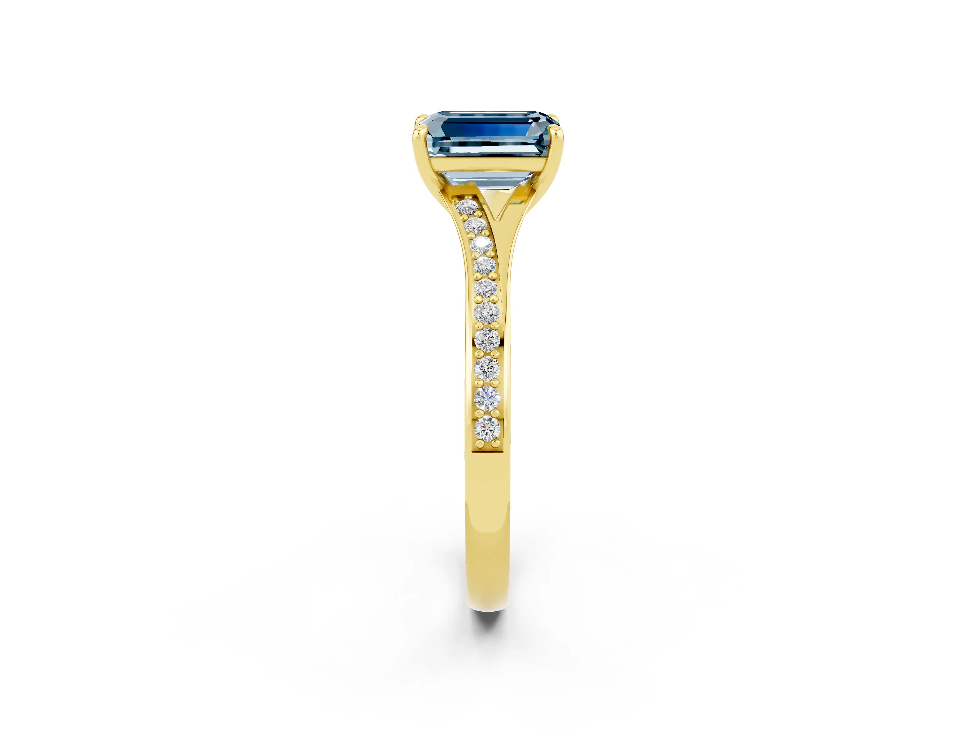 Yellow gold Emerald Cut Aquamarine Solitaire Ring with Pavé Band and Prong Setting_26