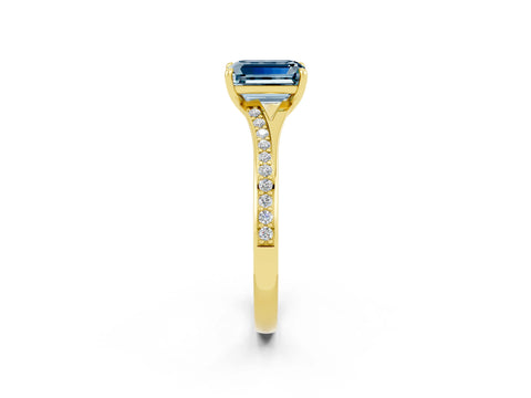 Yellow gold Emerald Cut Aquamarine Solitaire Ring with Pavé Band and Prong Setting_26