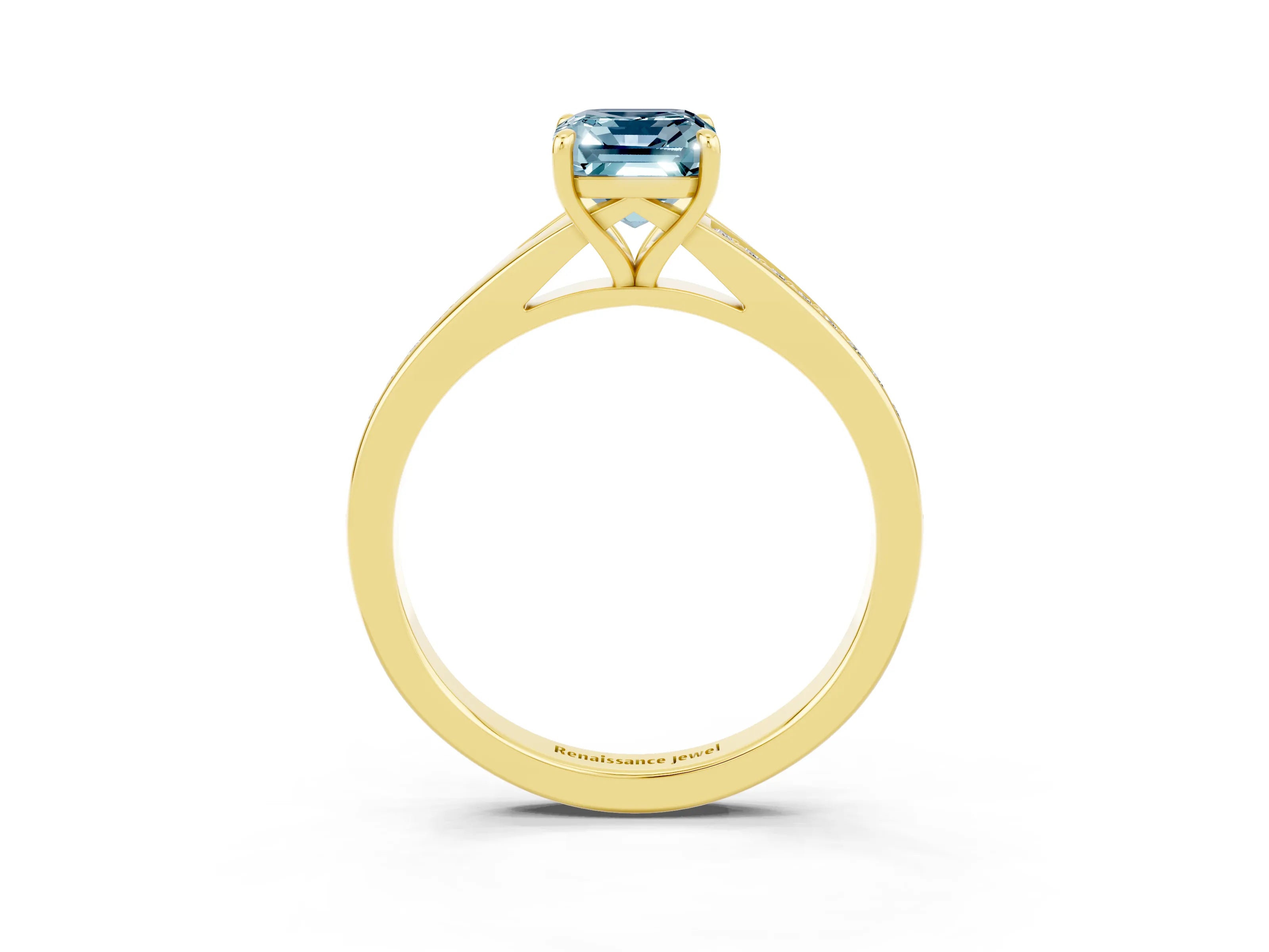 Yellow gold Emerald Cut Aquamarine Solitaire Ring with Pavé Band and Prong Setting_27