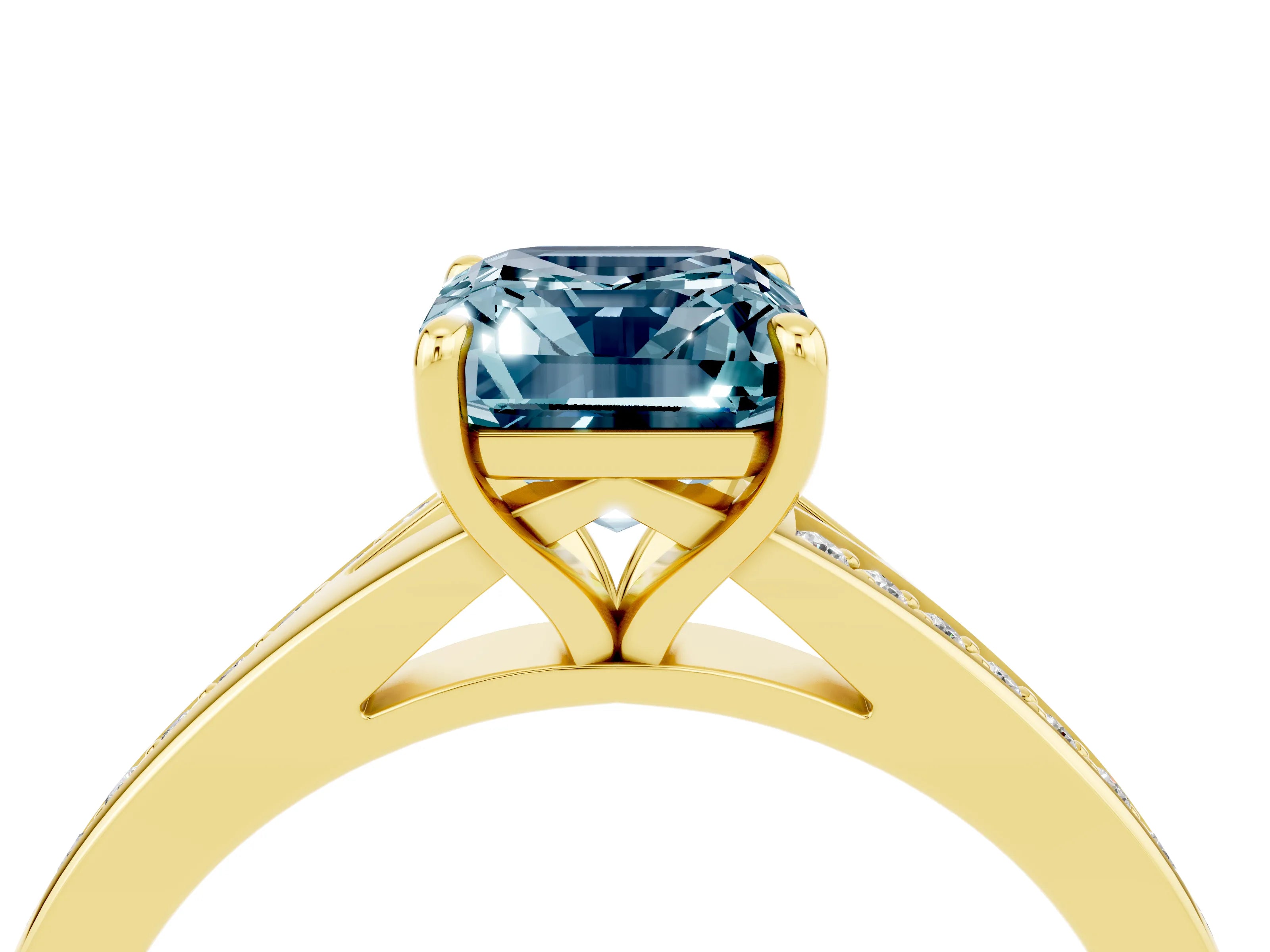 Yellow gold Emerald Cut Aquamarine Solitaire Ring with Pavé Band and Prong Setting_28