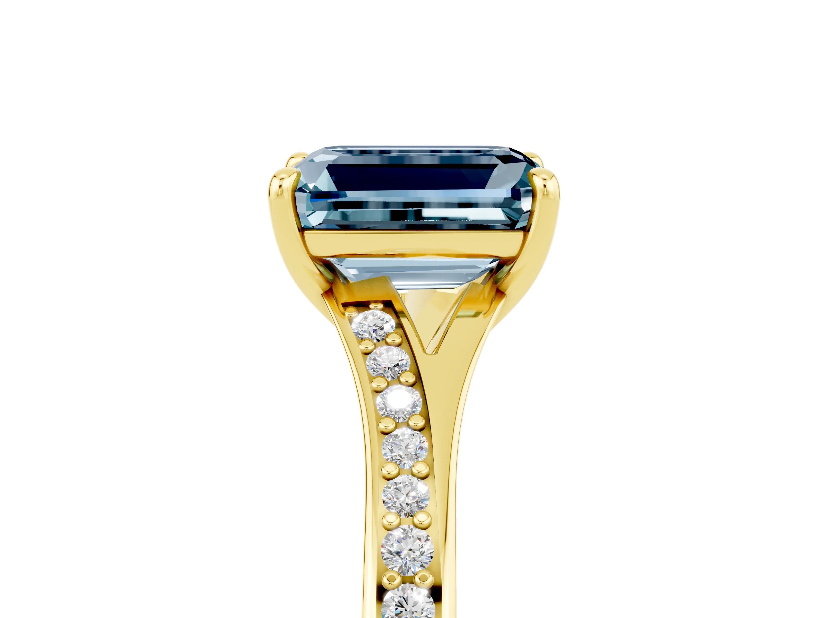 Yellow gold Emerald Cut Aquamarine Solitaire Ring with Pavé Band and Prong Setting_29