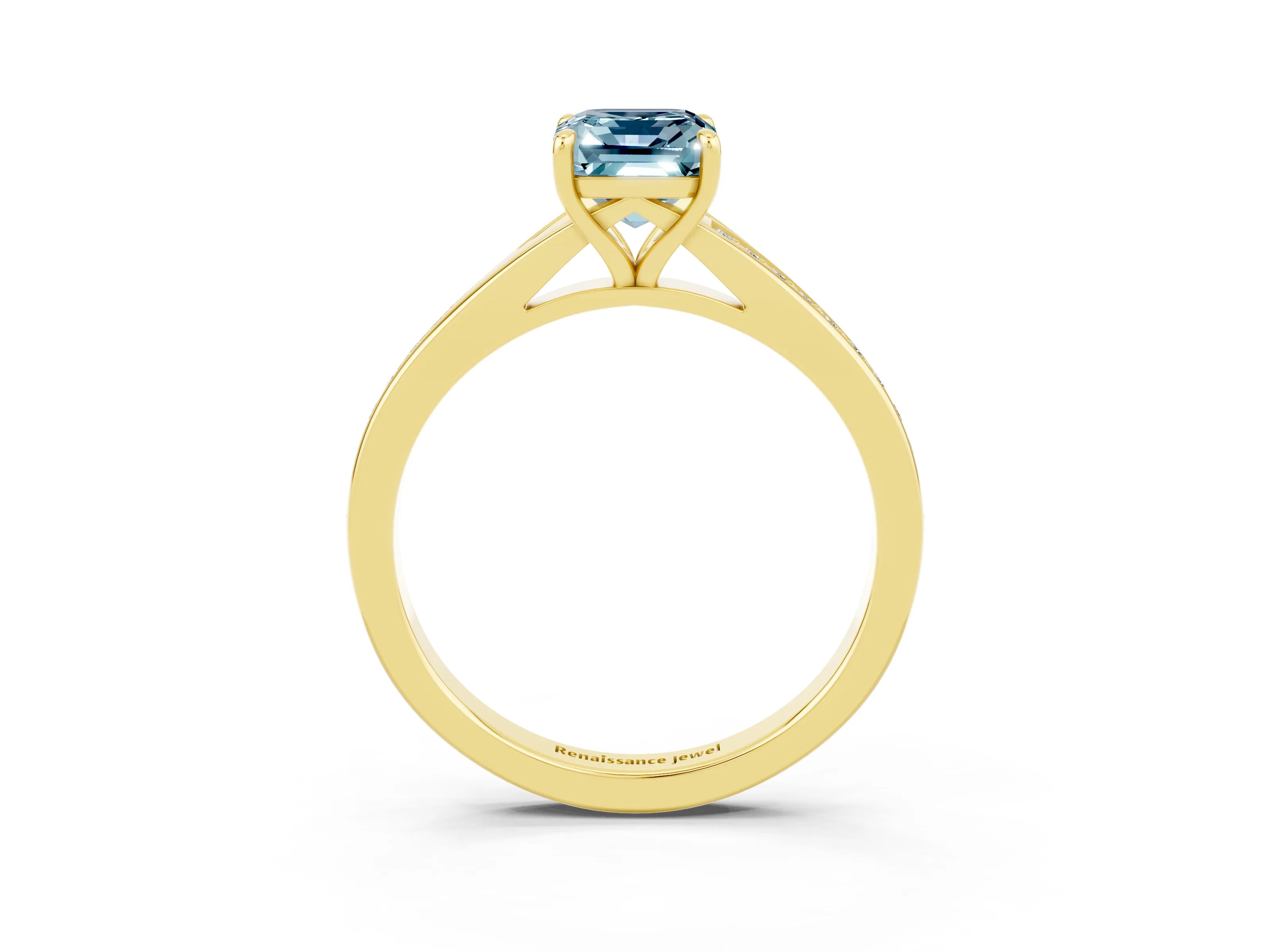 Yellow gold Emerald Cut Aquamarine Solitaire Ring with Pavé Band and Prong Setting_3