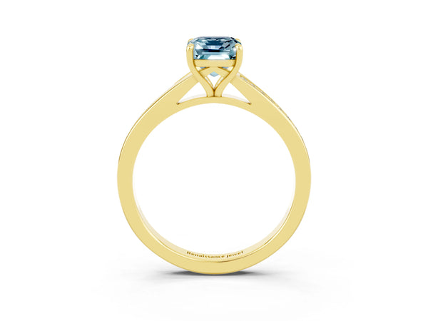 Yellow gold Emerald Cut Aquamarine Solitaire Ring with Pavé Band and Prong Setting