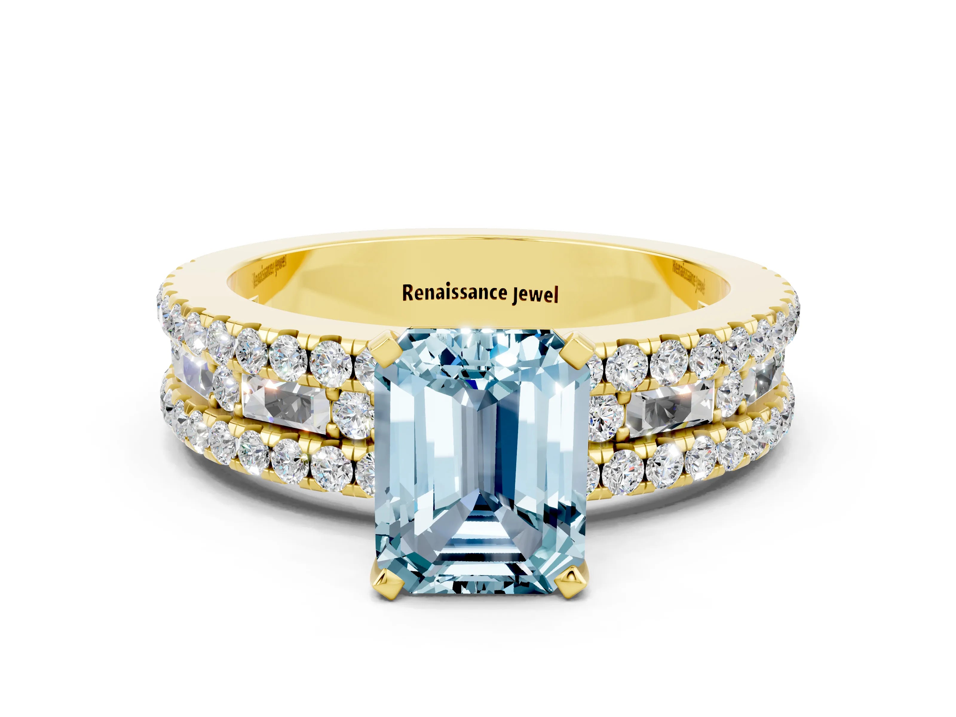 Yellow gold Emerald Cut Aquamarine Solitaire Ring with Pavé and Channel Set Band