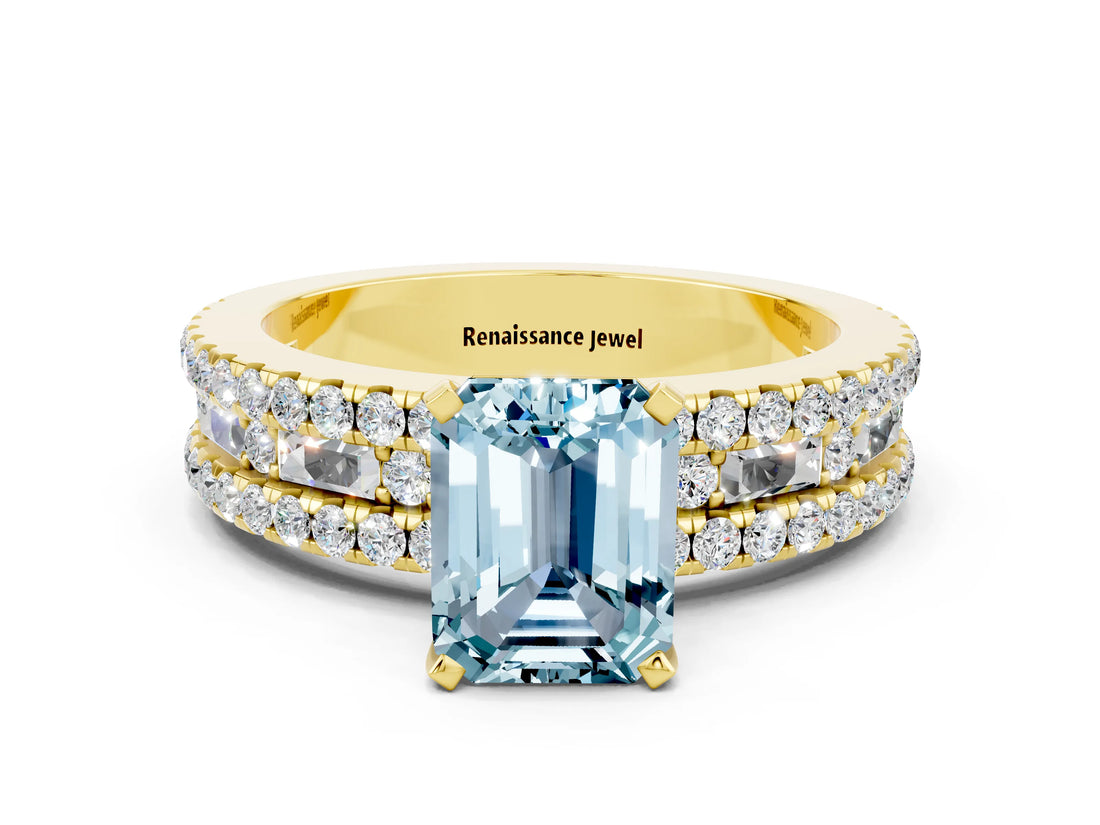 Yellow gold Emerald Cut Aquamarine Solitaire Ring with Pavé and Channel Set Band