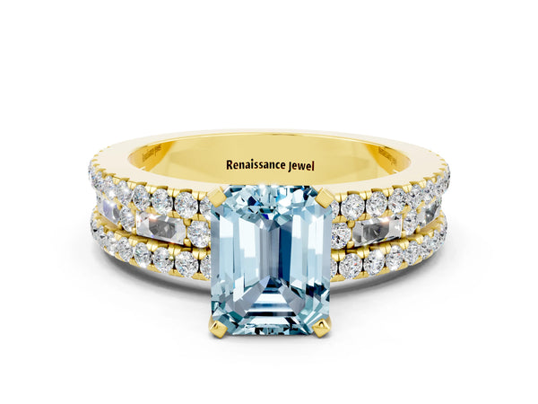 Yellow gold Emerald Cut Aquamarine Solitaire Ring with Pavé and Channel Set Band