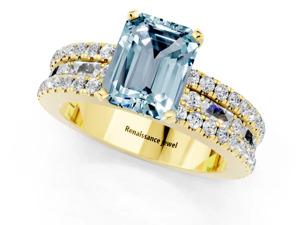Yellow gold Emerald Cut Aquamarine Solitaire Ring with Pavé and Channel Set Band