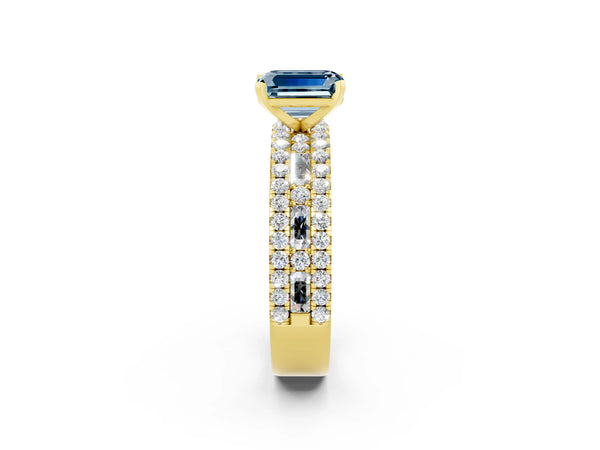 Yellow gold Emerald Cut Aquamarine Solitaire Ring with Pavé and Channel Set Band