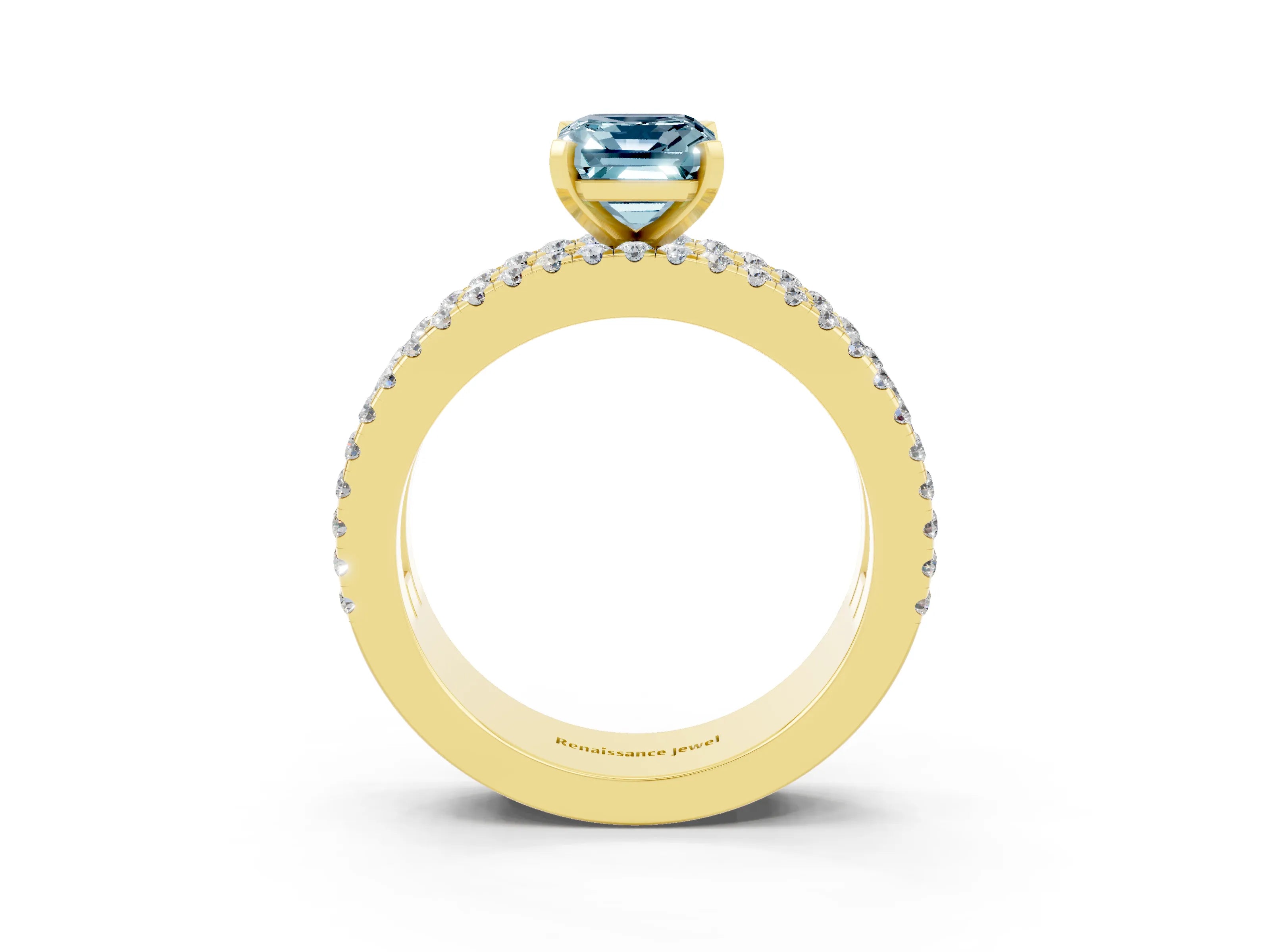 Yellow gold Emerald Cut Aquamarine Solitaire Ring with Pavé and Channel Set Band_3