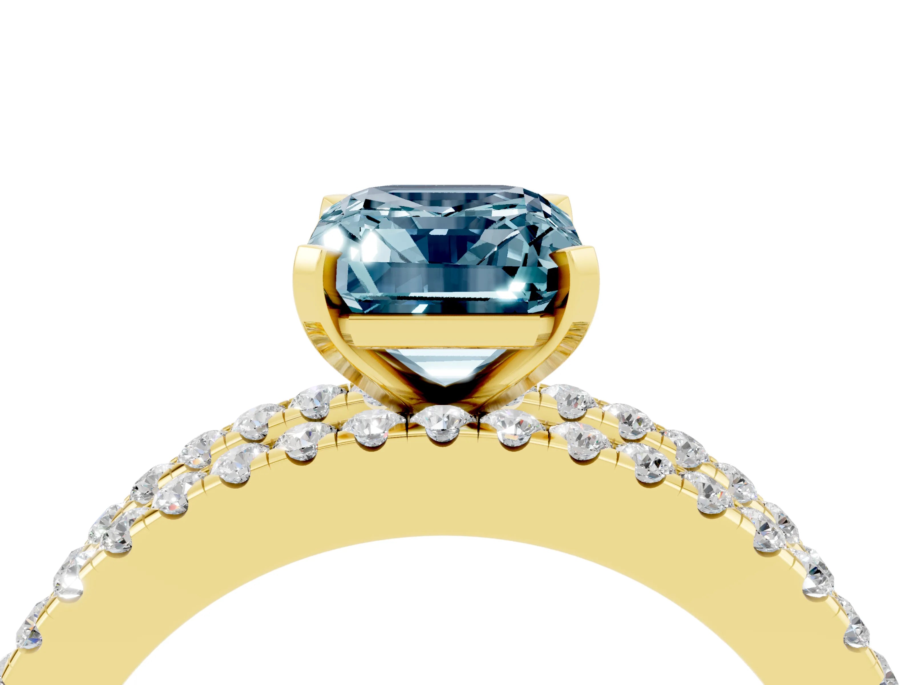 Yellow gold Emerald Cut Aquamarine Solitaire Ring with Pavé and Channel Set Band_4