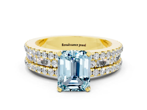 Yellow gold Emerald Cut Aquamarine Solitaire Ring with Pavé and Channel Set Band