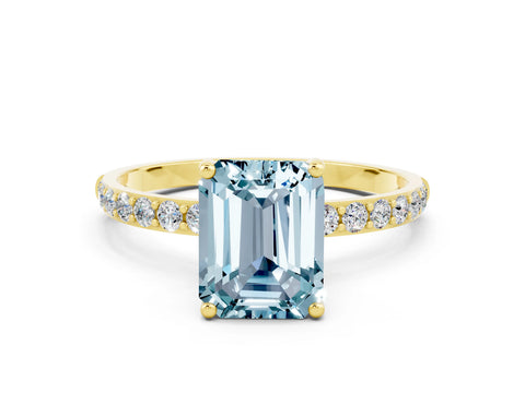 Yellow gold Emerald Cut Aquamarine Solitaire Ring with Pave Band and Four Prong Setting_12
