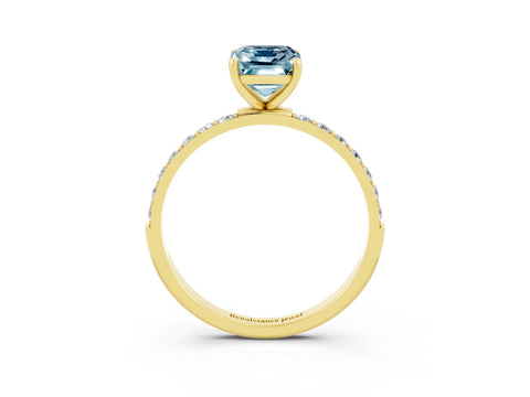 Yellow gold Emerald Cut Aquamarine Solitaire Ring with Pave Band and Four Prong Setting_15