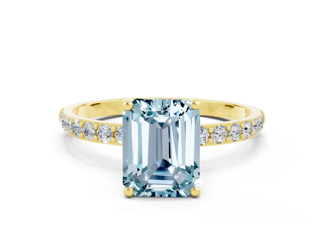 Yellow gold Emerald Cut Aquamarine Solitaire Ring with Pave Band and Four Prong Setting_24