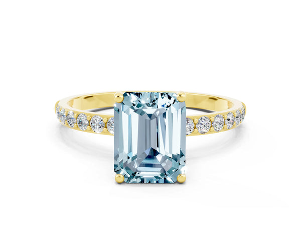 Yellow gold Emerald Cut Aquamarine Solitaire Ring with Round  Pavé Band and Prong Setting