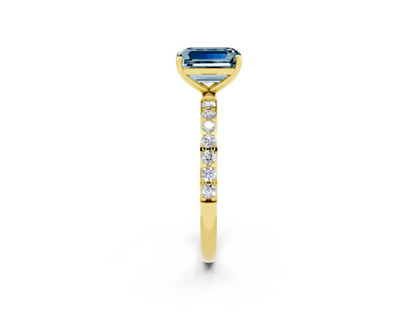 Yellow gold Emerald Cut Aquamarine Solitaire Ring with Round  Pavé Band and Prong Setting