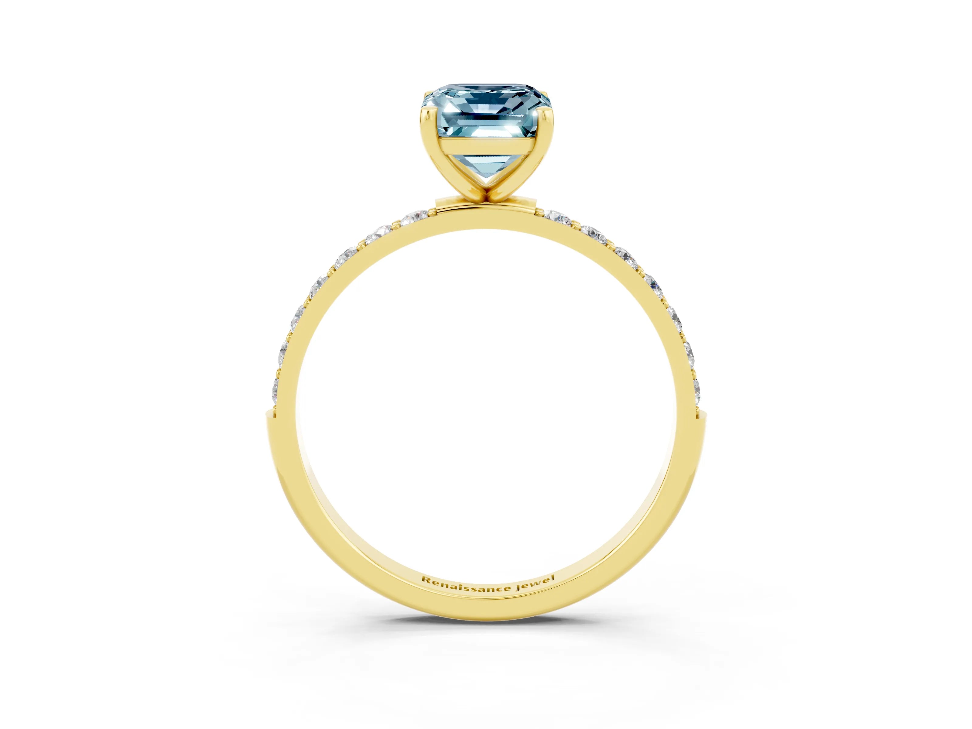 Yellow gold Emerald Cut Aquamarine Solitaire Ring with Pave Band and Four Prong Setting_27