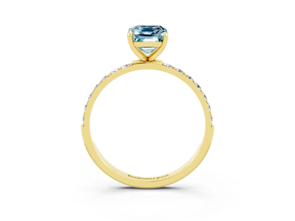 Yellow gold Emerald Cut Aquamarine Solitaire Ring with Round  Pavé Band and Prong Setting
