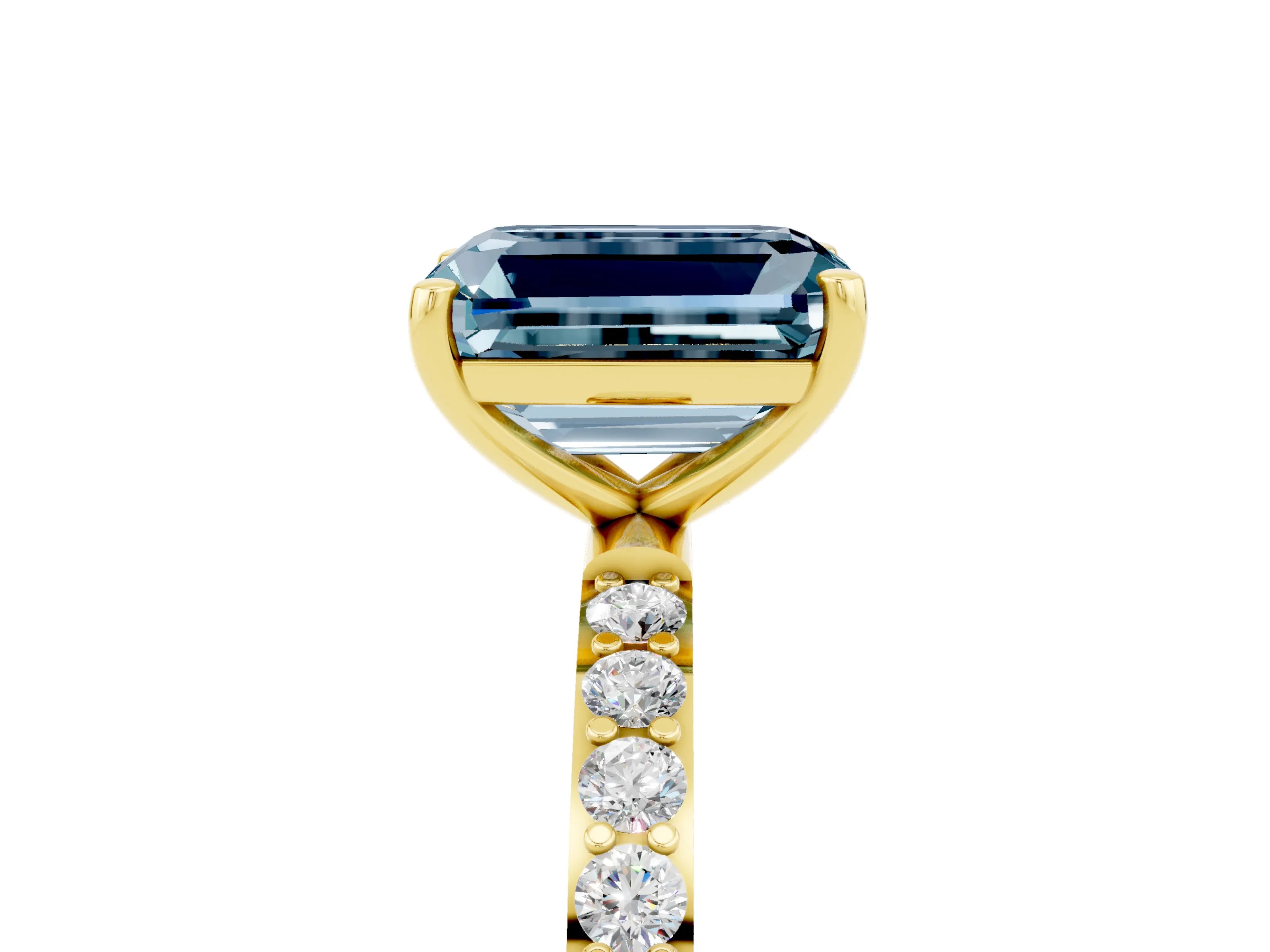 Yellow gold Emerald Cut Aquamarine Solitaire Ring with Pave Band and Four Prong Setting_29