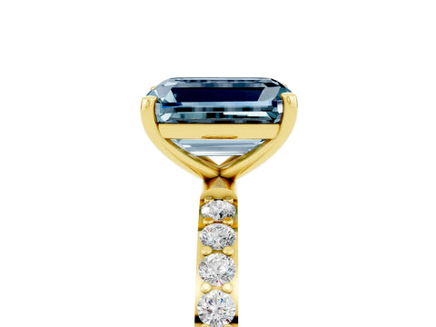 Yellow gold Emerald Cut Aquamarine Solitaire Ring with Pave Band and Four Prong Setting_29