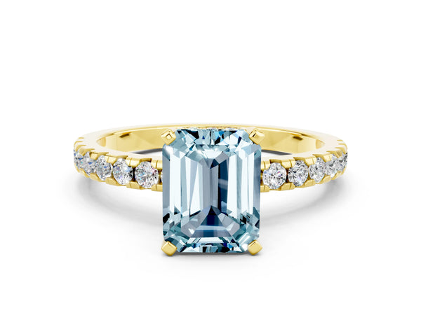 Yellow gold Emerald Cut Aquamarine Solitaire Ring with Round  Pavé Band and Four-Prong Setting