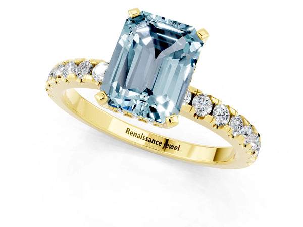 Yellow gold Emerald Cut Aquamarine Solitaire Ring with Round  Pavé Band and Four-Prong Setting