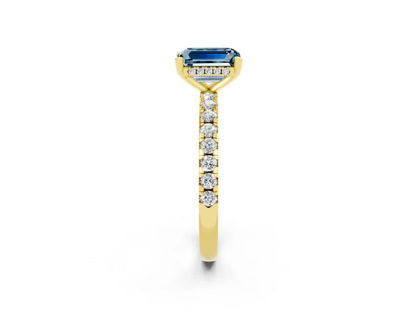 Yellow gold Emerald Cut Aquamarine Solitaire Ring with Round  Pavé Band and Four-Prong Setting