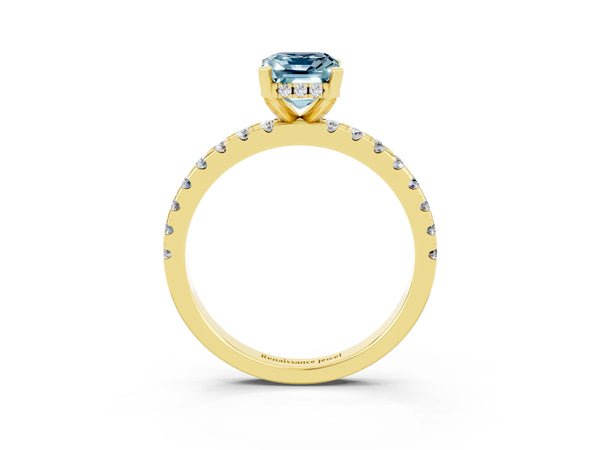 Yellow gold Emerald Cut Aquamarine Solitaire Ring with Round  Pavé Band and Four-Prong Setting