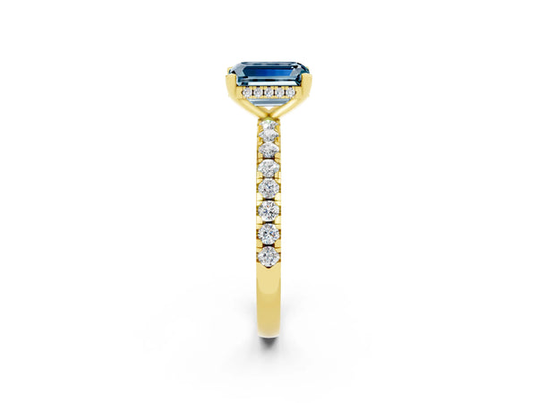 Yellow gold Emerald Cut Aquamarine Solitaire Ring with Round Pavé Band and Four-Prong Setting