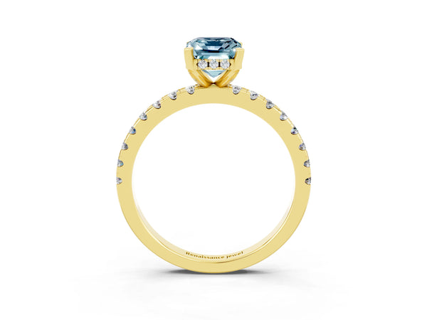 Yellow gold Emerald Cut Aquamarine Solitaire Ring with Round Pavé Band and Four-Prong Setting