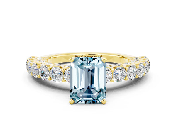 Yellow gold Emerald Cut Aquamarine Solitaire Ring with Shared Prong Pavé Band and Four-Prong Setting