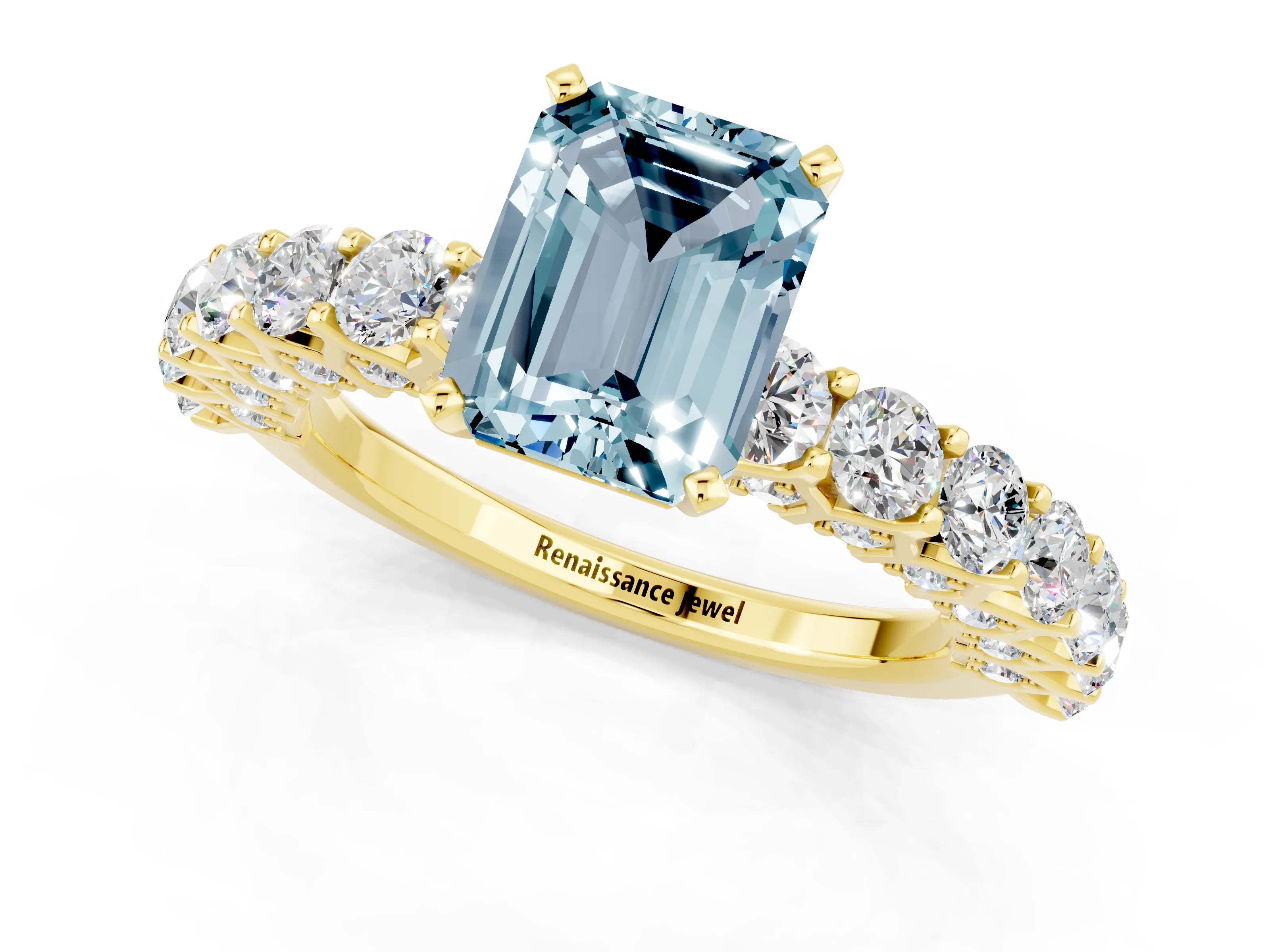 Yellow gold Emerald Cut Aquamarine Solitaire Ring with Shared Prong Pavé Band and Four-Prong Setting_1
