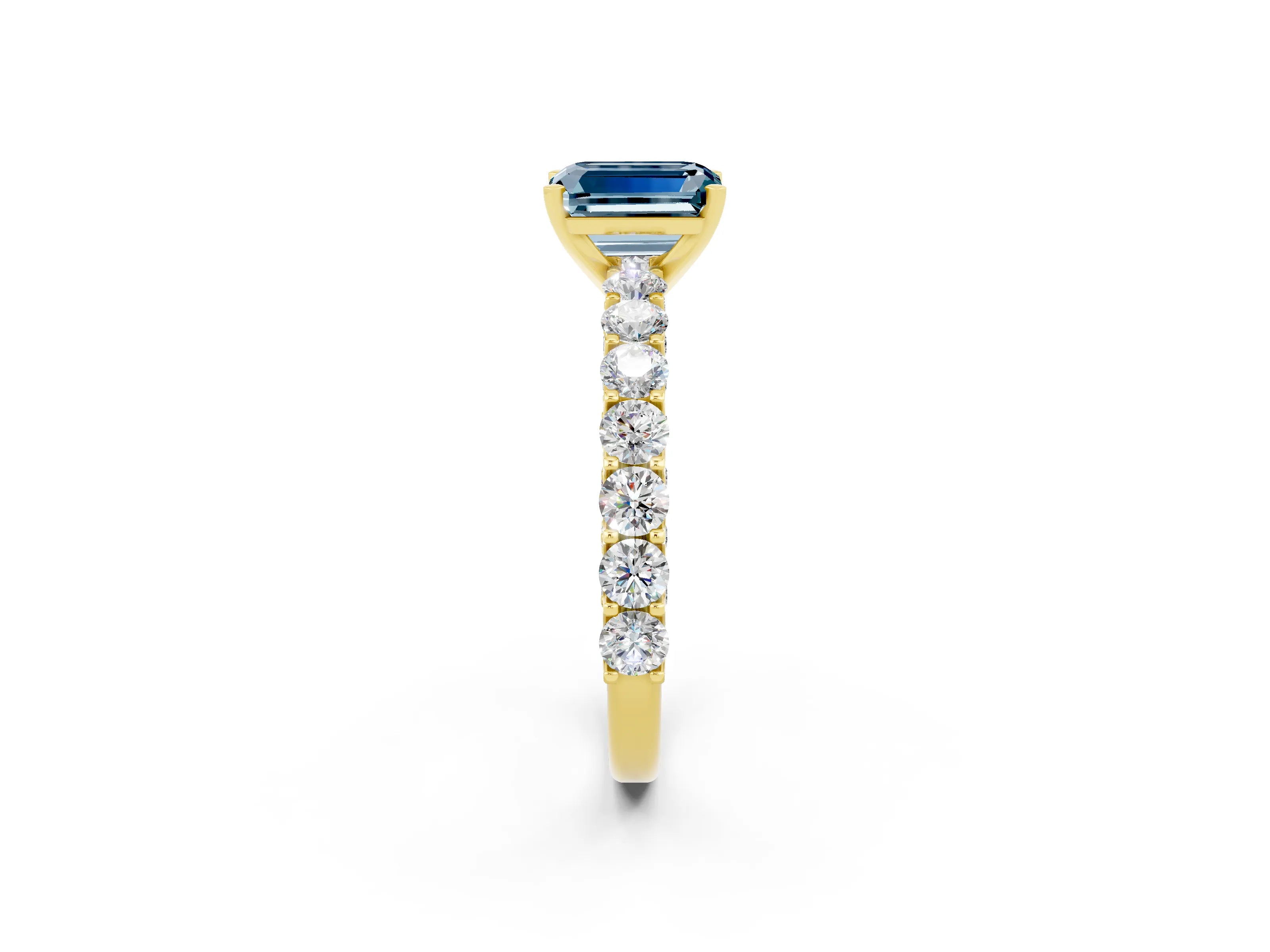 Yellow gold Emerald Cut Aquamarine Solitaire Ring with Shared Prong Pavé Band and Four-Prong Setting_2