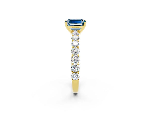 Yellow gold Emerald Cut Aquamarine Solitaire Ring with Shared Prong Pavé Band and Four-Prong Setting