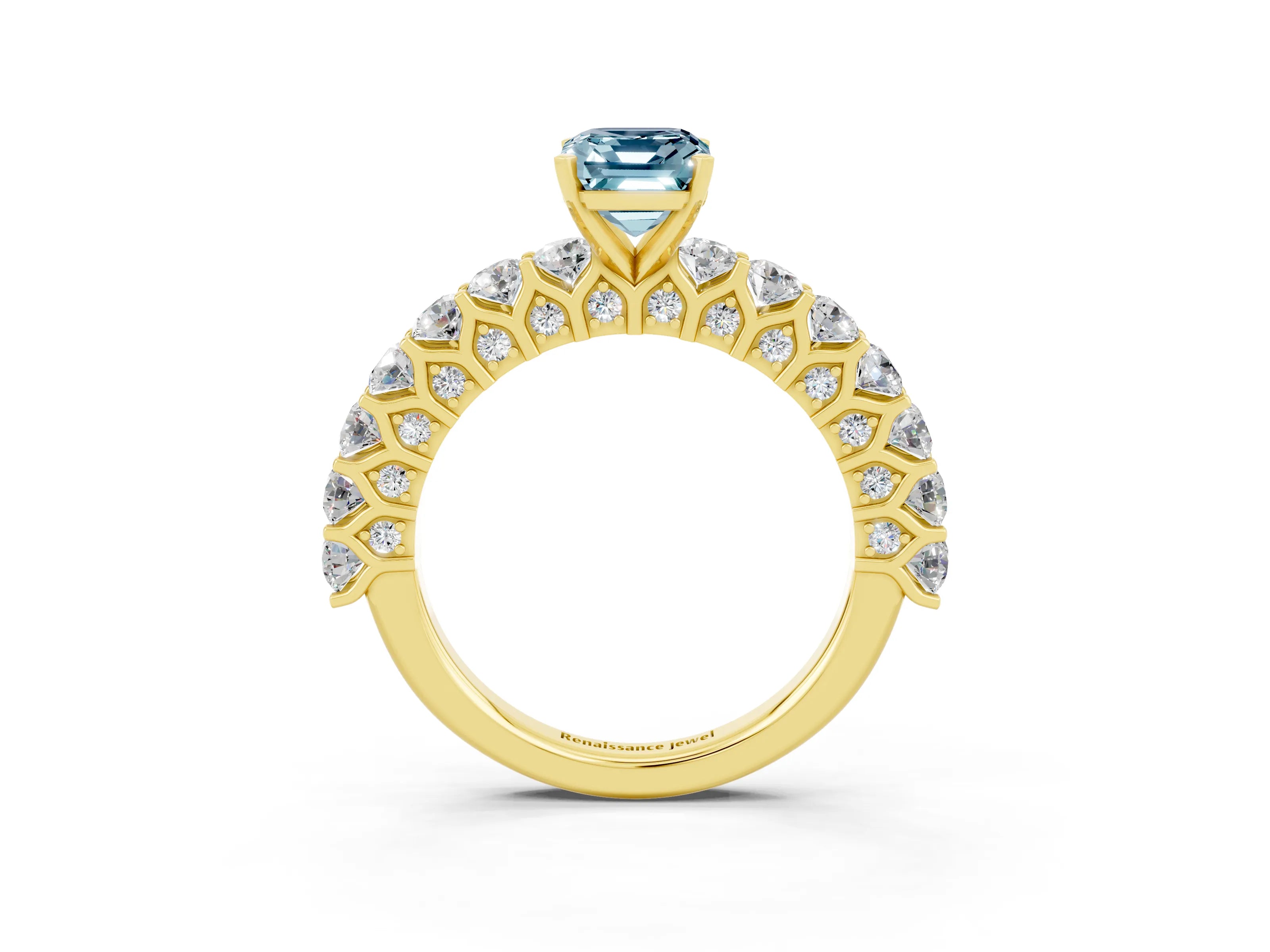 Yellow gold Emerald Cut Aquamarine Solitaire Ring with Shared Prong Pavé Band and Four-Prong Setting_3