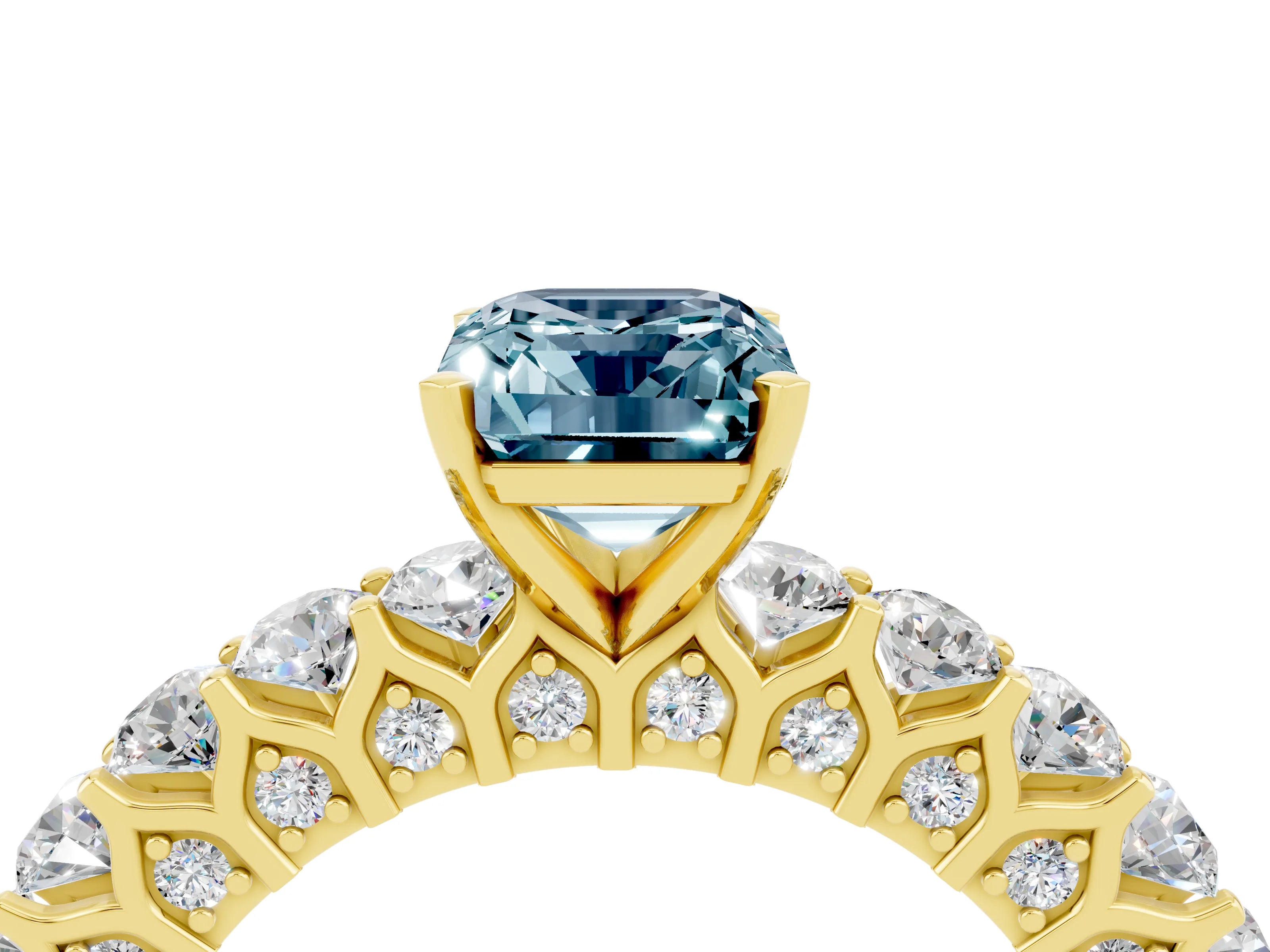 Yellow gold Emerald Cut Aquamarine Solitaire Ring with Shared Prong Pavé Band and Four-Prong Setting_4