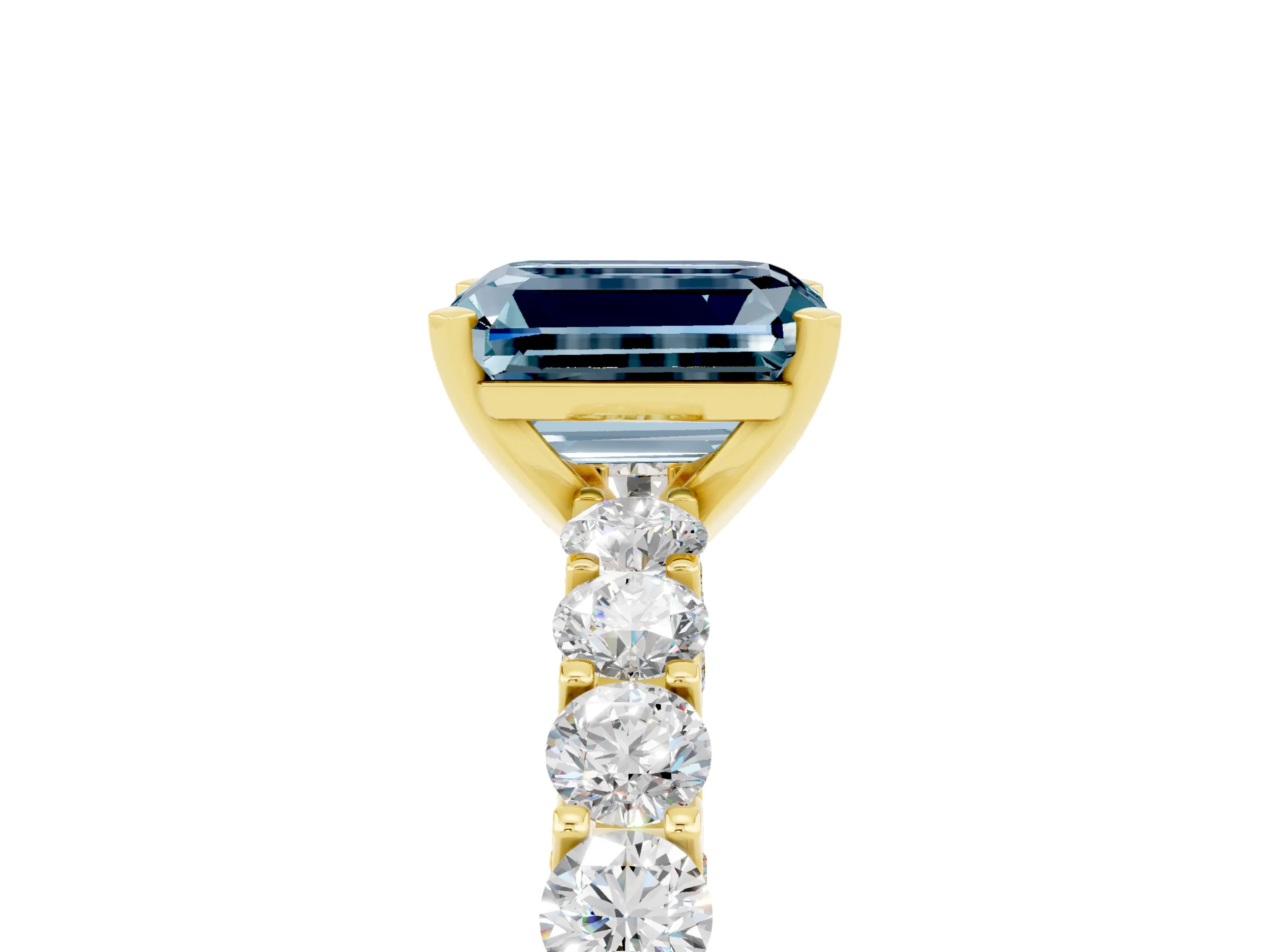 Yellow gold Emerald Cut Aquamarine Solitaire Ring with Shared Prong Pavé Band and Four-Prong Setting_5