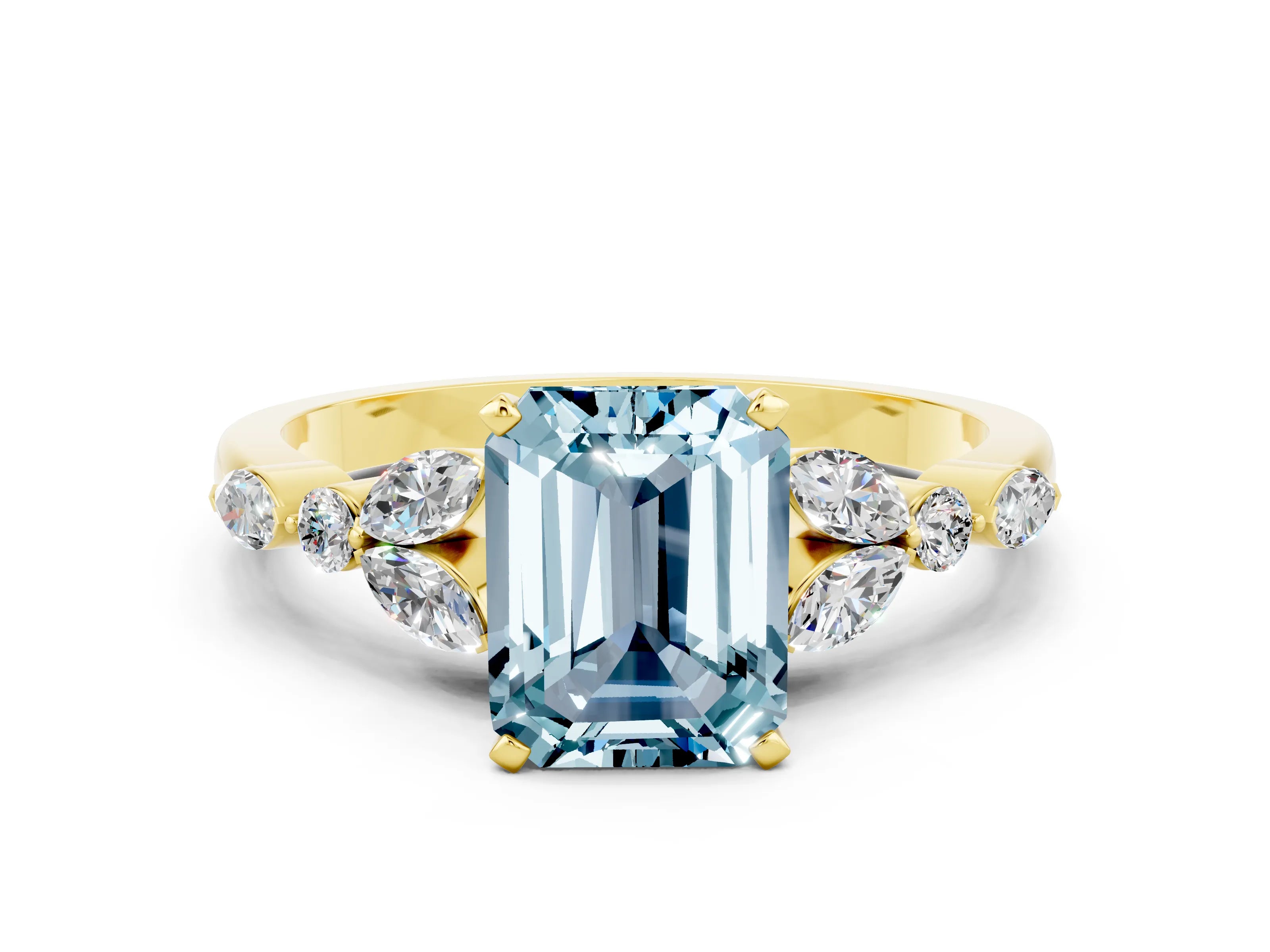 Yellow gold Emerald Cut Aquamarine Solitaire Ring with Side Stones and Four-Prong Setting_12