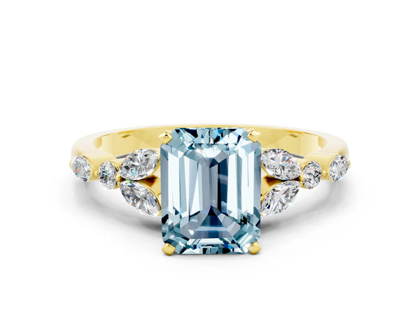 Yellow gold Emerald Cut Aquamarine Solitaire Ring with Side Stones and Four-Prong Setting