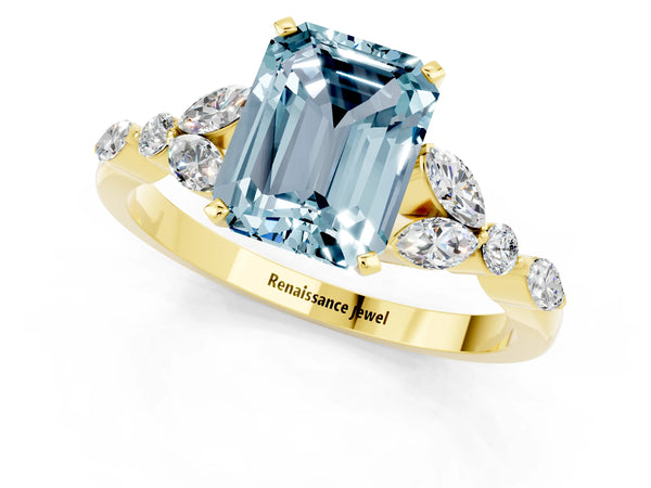 Yellow gold Emerald Cut Aquamarine Solitaire Ring with Side Stones and Four-Prong Setting