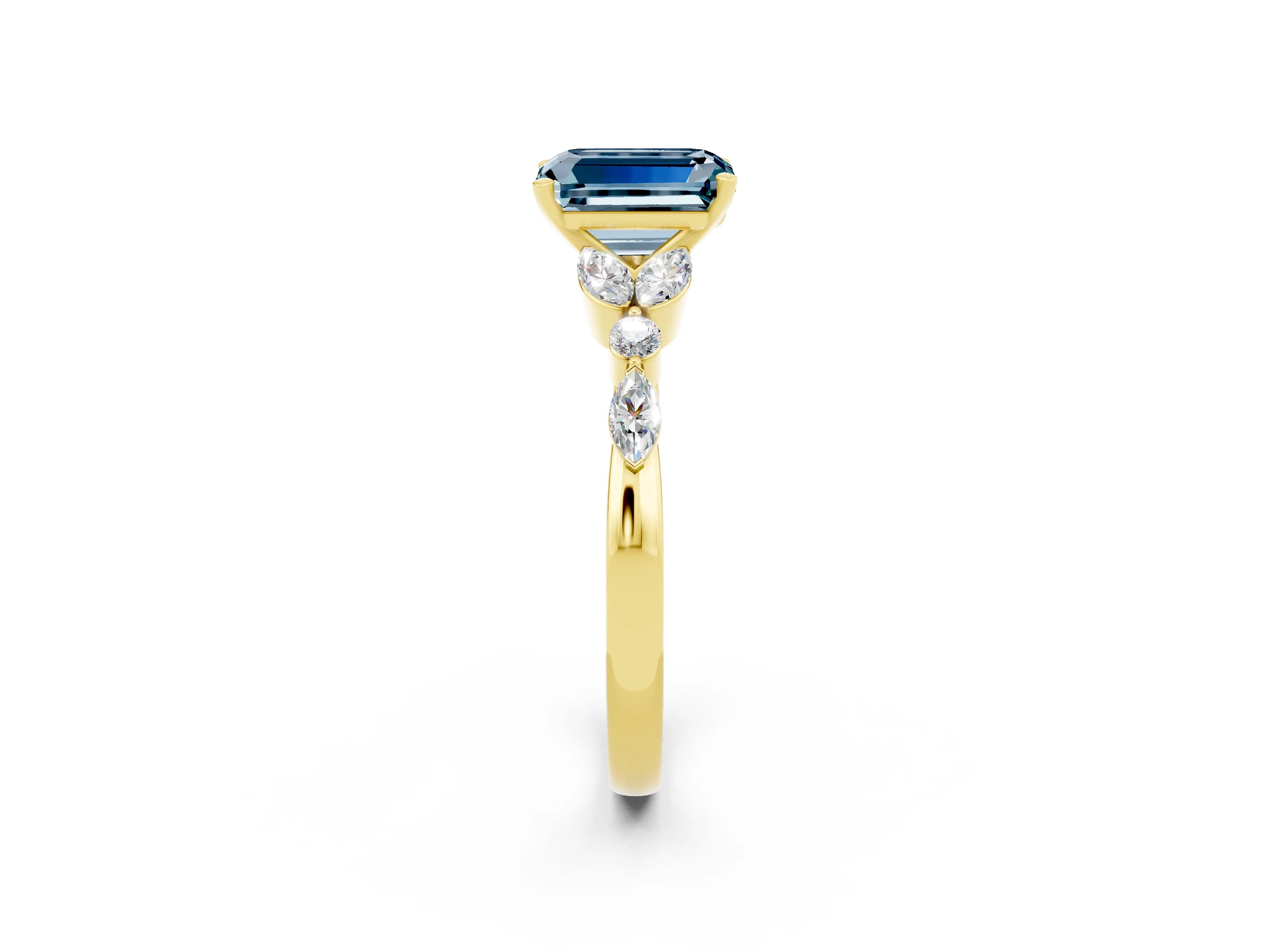 Yellow gold Emerald Cut Aquamarine Solitaire Ring with Side Stones and Four-Prong Setting_14
