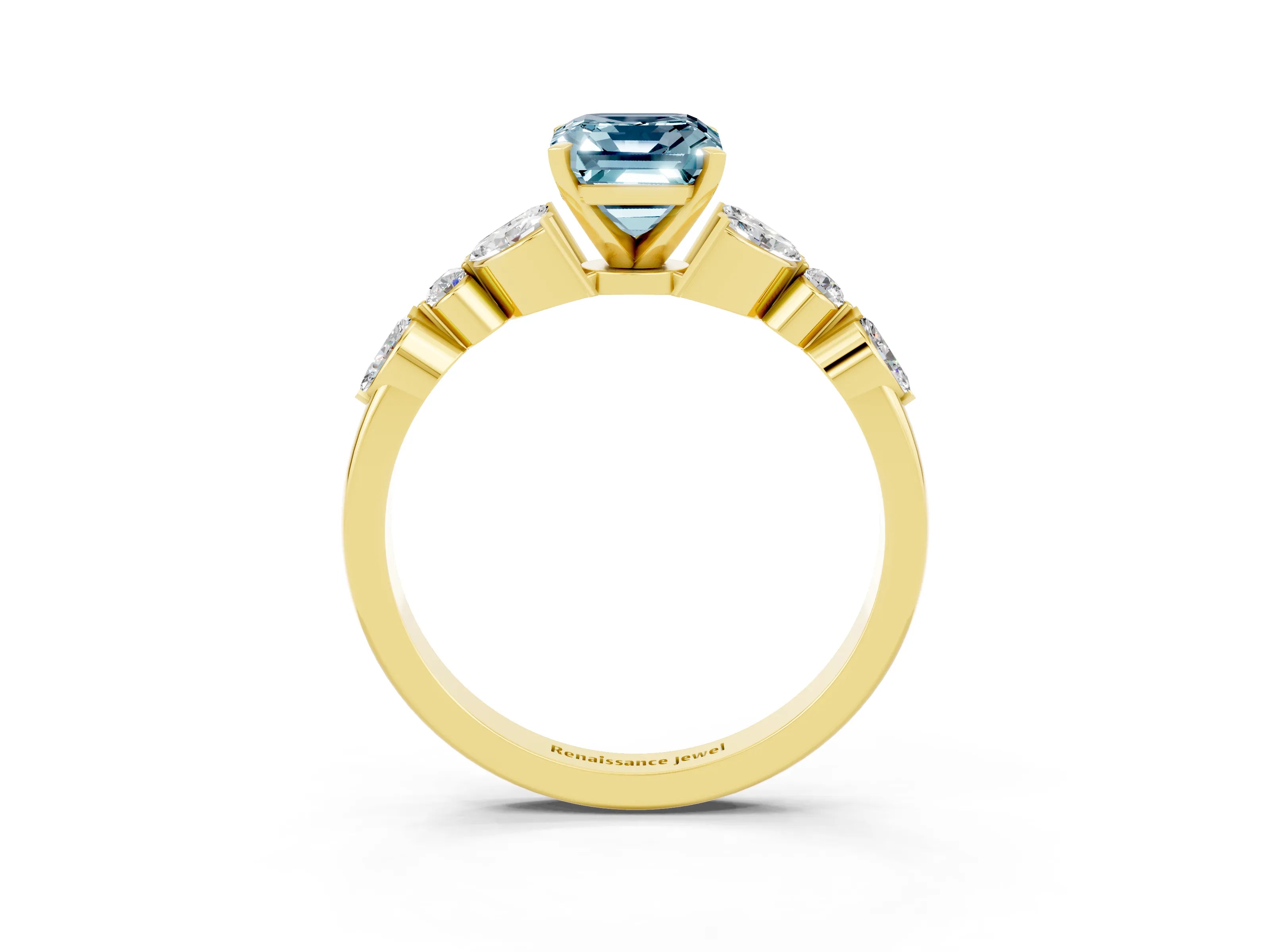 Yellow gold Emerald Cut Aquamarine Solitaire Ring with Side Stones and Four-Prong Setting_15