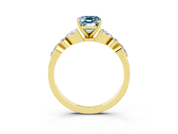 Yellow gold Emerald Cut Aquamarine Solitaire Ring with Side Stones and Four-Prong Setting