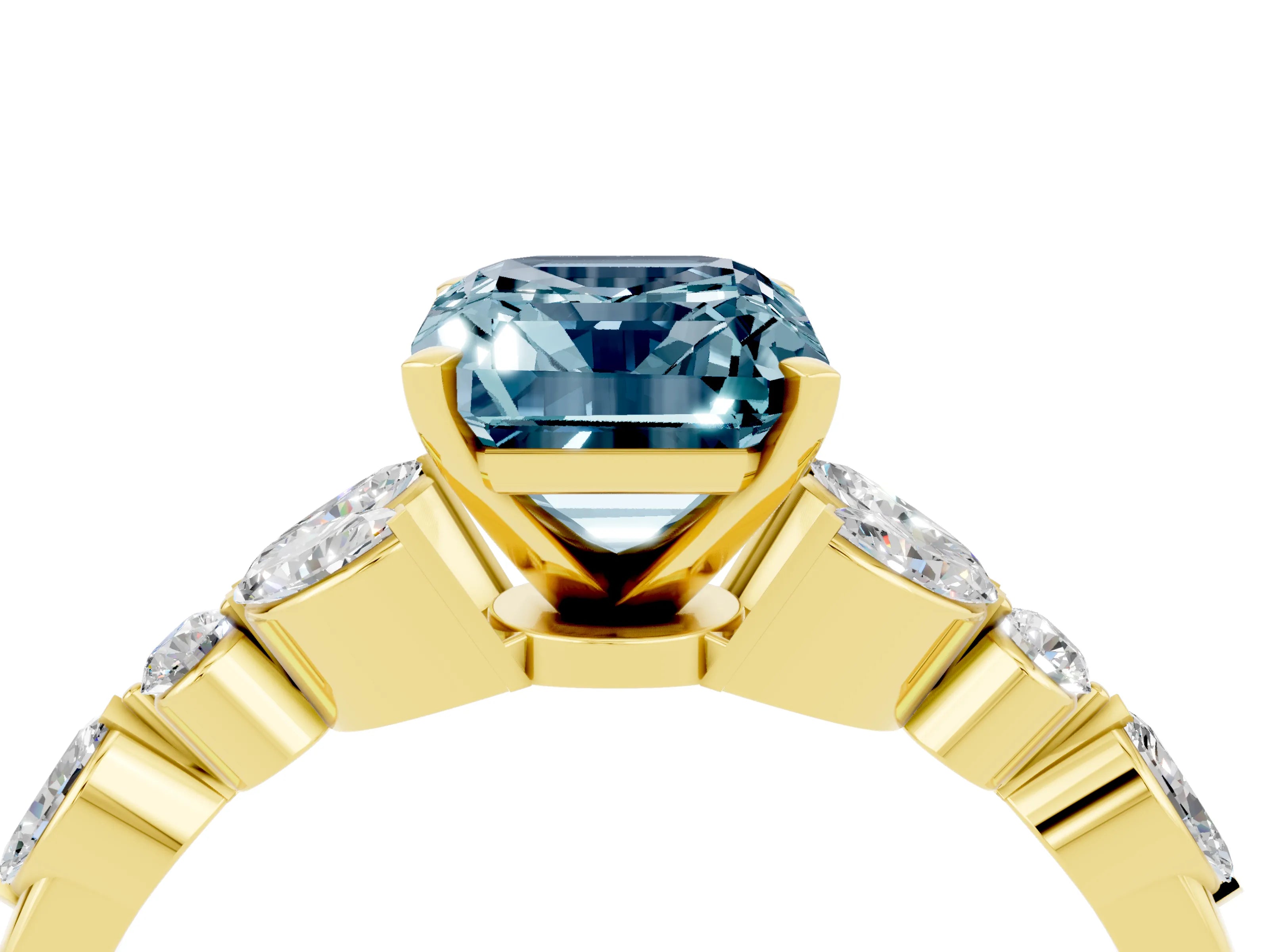 Yellow gold Emerald Cut Aquamarine Solitaire Ring with Side Stones and Four-Prong Setting_16