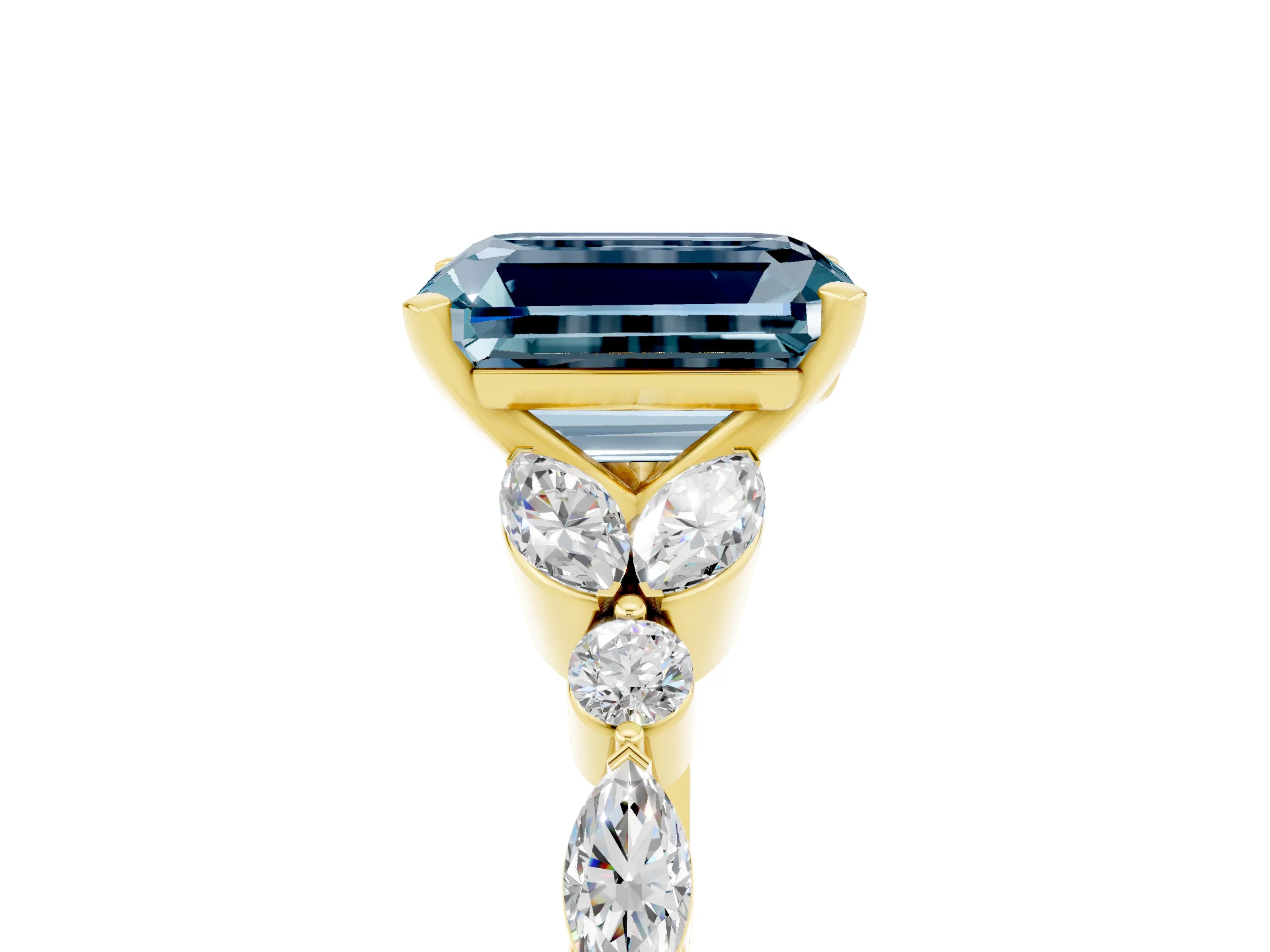 Yellow gold Emerald Cut Aquamarine Solitaire Ring with Side Stones and Four-Prong Setting_17
