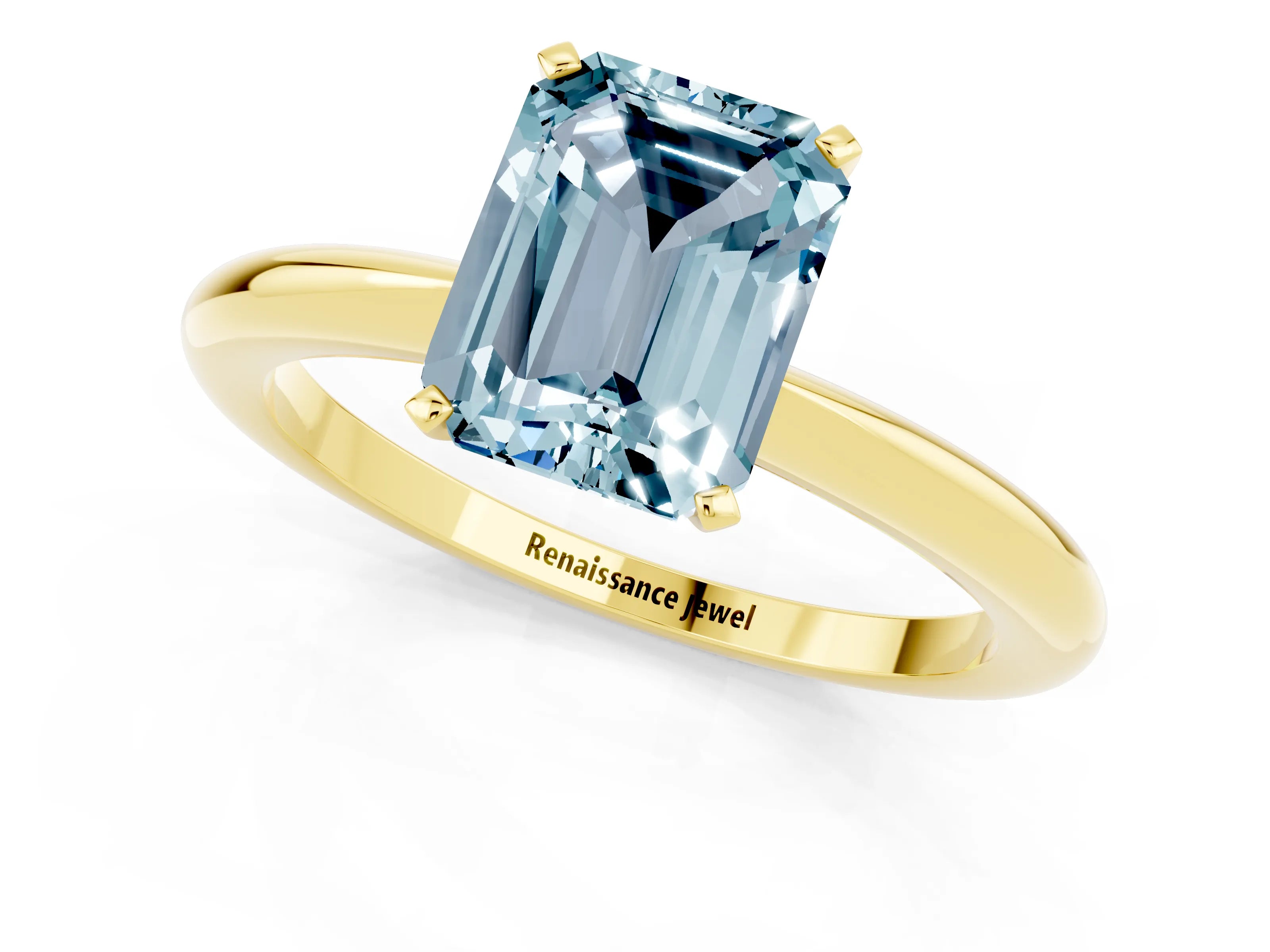 Yellow gold Emerald Cut Aquamarine Solitaire Ring with Six-Prong Setting and Classic Band_1