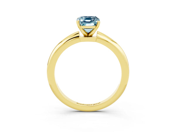 Yellow gold Emerald Cut Aquamarine Solitaire Ring with Six-Prong Setting and Classic Band